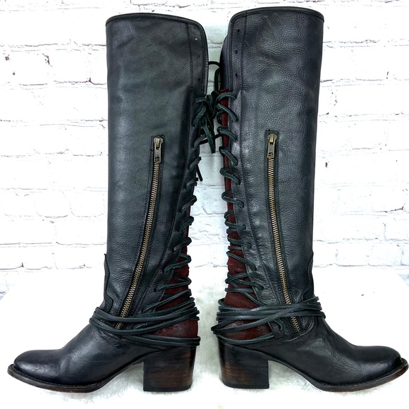 🚫SOLD! 🐎🤠|•FREEBIRD•| Black 'Coal' Lace Up Black Leather & Burgundy Suede🐎 - Picture 4 of 15